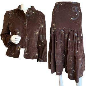 VILLAGGIO CHOCOLATE BROWN COTTON CORDUROY 2 PIECE JACKET & MAXI SKIRT. WOMENS L